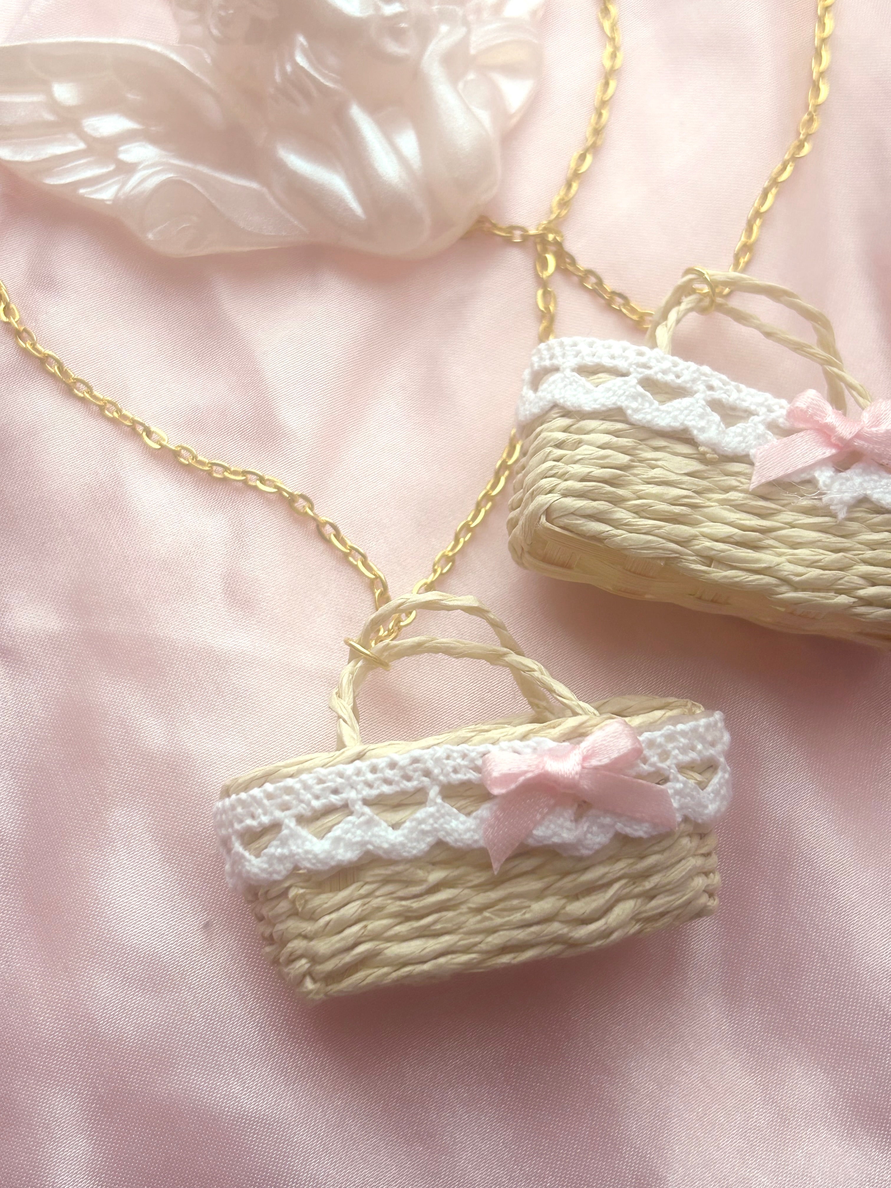 🎀 𝐕𝐢𝐧𝐭𝐚𝐠𝐞 𝐏𝐢𝐧𝐤 𝐁𝐨𝐰𝐞𝐝 𝐏𝐢𝐜𝐧𝐢𝐜 𝐁𝐚𝐬𝐤𝐞𝐭 𝐍𝐞𝐜𝐤𝐥𝐚𝐜𝐞 🧺